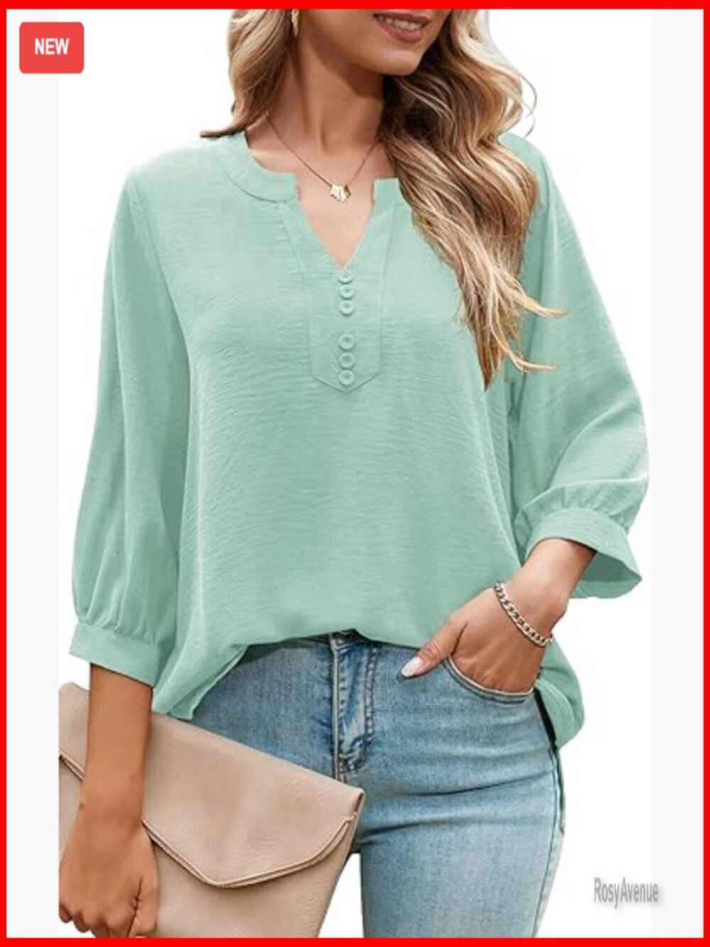 3/4 Sleeve V-Neck Blouse Dressy Casual Office Top